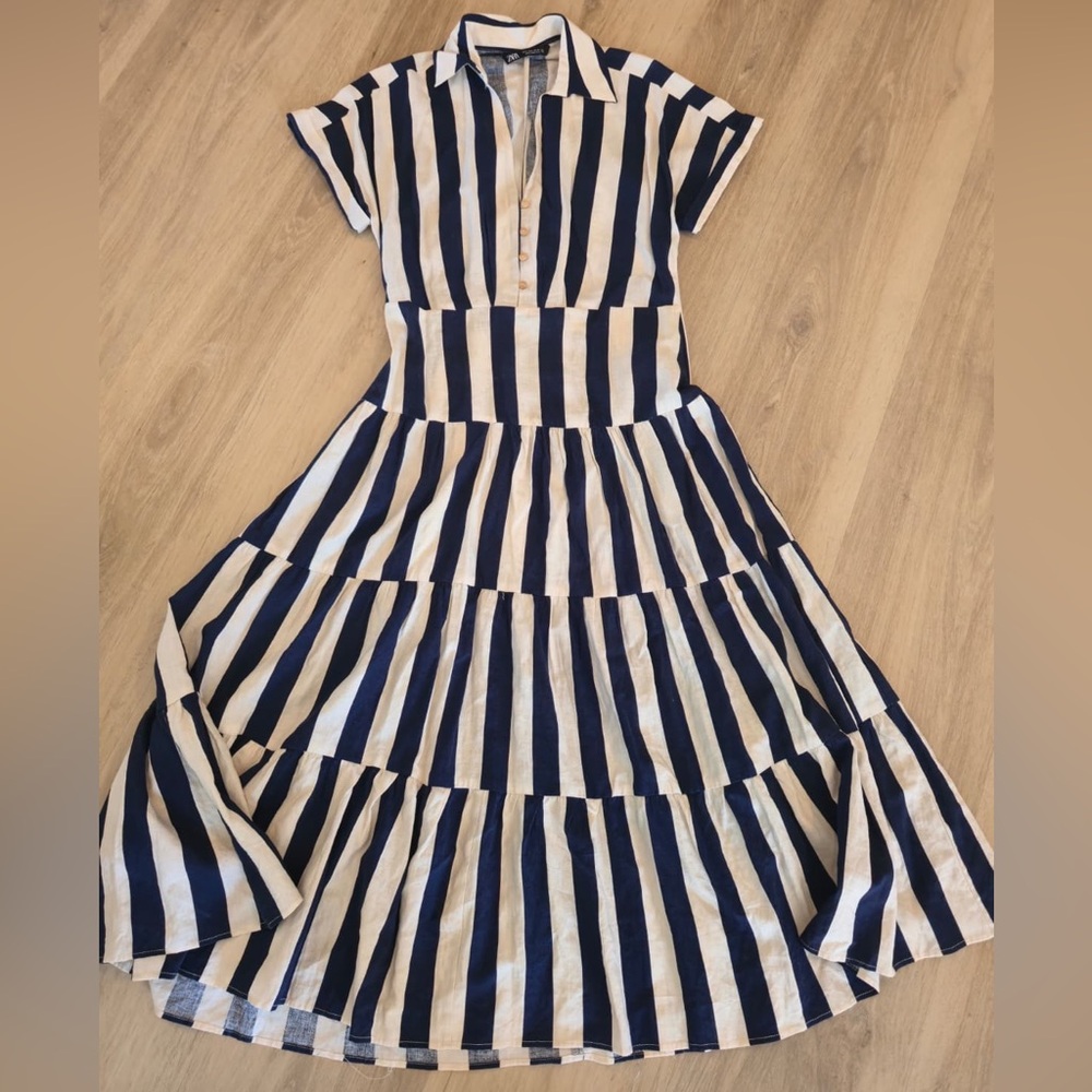 Zara Navy and Cream Striped Midi Dress, Size Small